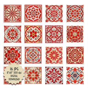 May include: Set of 16 digital tile designs featuring intricate red, white and blue floral patterns. Each tile is 8 inches by 8 inches and 300 dpi.