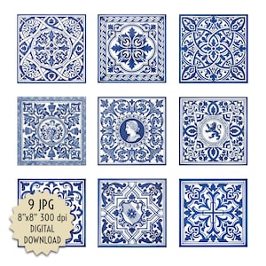 Pode incluir: Nove imagens digitais quadradas com intrincados desenhos de azulejos azuis e brancos. Cada azulejo apresenta um padrão único, incluindo motivos florais, formas geométricas e elementos clássicos. Os azulejos medem 20,3 cm x 20,3 cm.