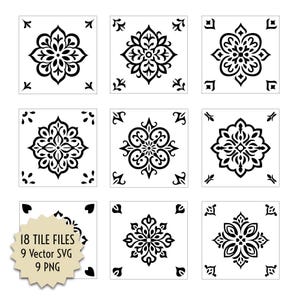 Peut inclure: Neuf motifs de carreaux noirs et blancs avec des motifs floraux complexes. Les carreaux sont disposés en grille de 3x3. Le texte "18 TILE FILES 9 Vector SVG 9 PNG" est sur une étoile éclatante de couleur beige.