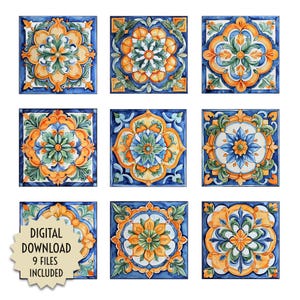 Può includere: Nove piastrelle quadrate con disegni floreali arancioni, verdi e blu, su sfondo bianco. Ogni piastrella presenta un motivo simmetrico unico con un bordo blu scuro. Il testo "DOWNLOAD DIGITALE 9 FILE INCLUSI" è su una piastrella.