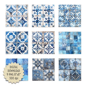 May include: Nine digital images of blue and white patterned tiles, each measuring 8 inches by 8 inches. The tiles have a distressed, vintage look with faded colors and chipped edges.