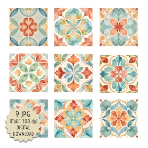 Aquareltegels in art-nouveaustijl in pastelkleuren turkoois, oranje, bruin en crème. Decor Muur Restaurants DIY Knutselen. Digitale download