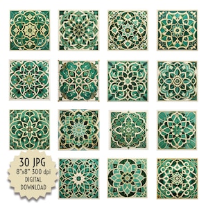 Vintage Green Tiles Ancient Clipart. Spanish-style Tiles Mosaic. Decoration and Design. Printable Digital Download. 30 JPG 8x8 inch, 300 dpi