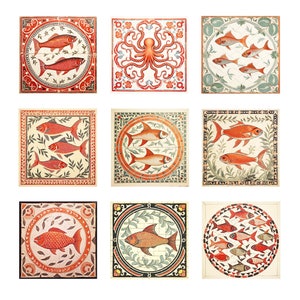 Vis rood groen tegel digitale download vintage mozaïek antiek klassiek ornament plaatdecorateur huisvrouw bouwvakker ontwerper