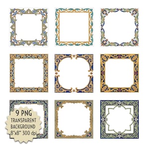Può includere: Nove cornici quadrate con disegni ornati e colorati. Ogni cornice presenta un motivo diverso con oro, blu, verde e altri colori. Le cornici sono su uno sfondo bianco. Il testo in basso a sinistra recita "9 PNG TRANSPARENT BACKGROUND 8"x8" 300 dpi."