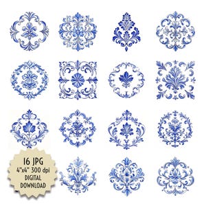 Conjunto de imágenes prediseñadas ornamentales azules, descarga de impresión de diseño digital, 16 imágenes JPG, 4 x 4 pulgadas, archivos para calcomanías, transferencias, mosaicos, álbumes de recortes, manualidades