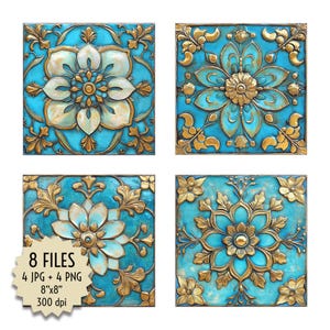 Azulejos retro dorados turquesas con relieve floral, mosaico de cerámica. Diseño digital para decoración de fiestas navideñas de otoño e invierno. Descargar PNG JPG 8x8"