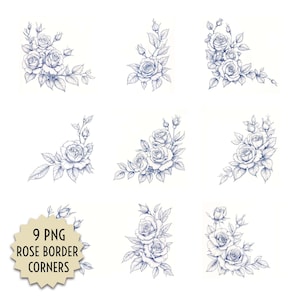 May include: Nine PNG rose border corners in a variety of arrangements. Each corner features detailed blue rose illustrations with leaves and buds. The corners are set against a white background, perfect for digital design projects.