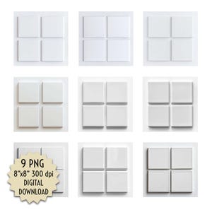 Ensemble de maquettes de carreaux blancs mats, quatre carrés en céramique avec relief et ombres 20 x 20 cm PNG pour la conception Web, magazines, documents, téléchargement numérique