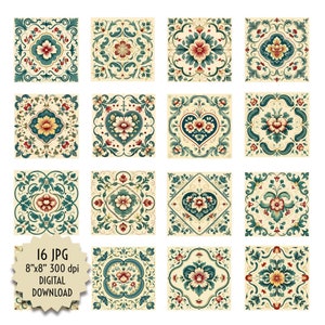 Può includere: Sedici immagini quadrate scaricabili digitalmente con disegni floreali in rosso, verde acqua e giallo su sfondo crema. Le immagini presentano motivi ornati e simmetrici. Il testo sull'immagine recita "16 JPG 8"x8" 300 dpi DOWNLOAD DIGITALE."