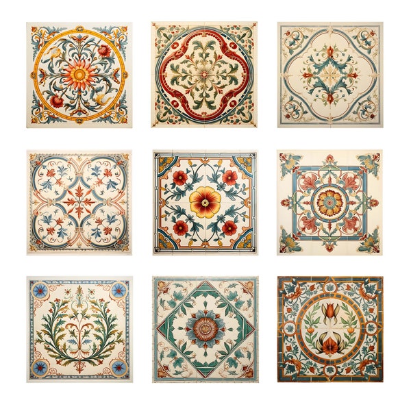 Geometric Floral Ornament Ancient Tile Red Green Brown Beige Mosaic Digital Printable 8x8 JPG Slab Homemaker Architect Mason DIY Floor Tile