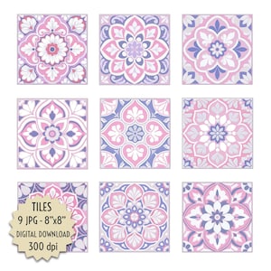 Pink & Purple Mediterranean Tile Clipart, 9 Seamless Pattern Digital Pack, Pastel Floral Mosaic Instant Download, Ornamental Ceramic JPG 8x8