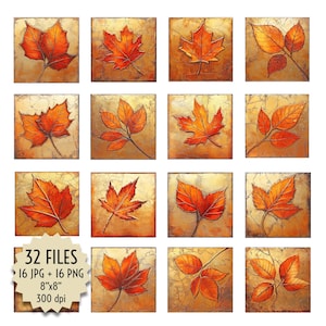 Rustieke herfsttegels, 3D-boombladontwerp, oranje, goud, verouderd koper. Voor decoratie, open haarden, doe-het-zelf, knutselen. Afbeeldingen om te downloaden, af te drukken, png 8 x 8
