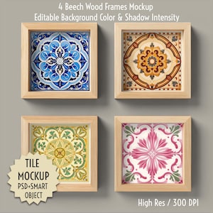 Może przedstawiać: Cztery kwadratowe ramy z drewna bukowego prezentujące dekoracyjne wzory płytek. Płytki mają skomplikowane wzory w kolorze niebieskim, żółtym, zielonym i różowym. Obraz zawiera tekst "4 Beech Wood Frames Mockup" i "Tile Mockup PSD+Smart Object."