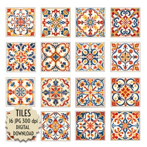 Carrelage vintage, mosaïque bleu rouge, beige jaune, motifs géométriques floraux, décoration murale de salle de bain et de cuisine, design en céramique, fichiers téléchargement immédiat