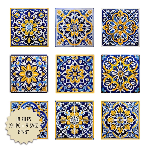 Bundle Antique Blue and Yellow Floral Border Tiles Digital Design Clipart 8x8 Mosaic Download Printable Ceramic Decoration Kitchen Bathroom