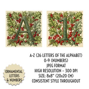 Könnte beinhalten: Zwei dekorative Drucke mit den Buchstaben "A" und "1" im Vintage-Stil. Jeder Buchstabe ist grün mit einem Stechpalmen- und Beeren-Design. Die Drucke sind 20x20 cm groß und beinhalten das Alphabet und die Zahlen.