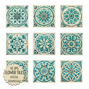 Op de afbeelding: Negen vierkante tegels met turquoise bloemmotieven en een crèmekleurige achtergrond. De tegels hebben verschillende symmetrische patronen, waaronder bloemen en geometrische vormen. Een digitale download afbeelding is inbegrepen.