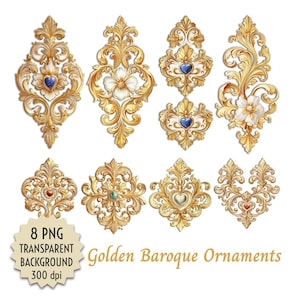 Puede incluir: Ocho adornos barrocos dorados con intrincados diseños de volutas y centros en forma de corazón o flor. Los adornos tienen un fondo transparente y están etiquetados como "8 PNG TRANSPARENT BACKGROUND 300 dpi" y "Golden Baroque Ornaments."