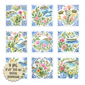 Op de afbeelding: Negen vierkante digitale kunstprints met aquarel illustraties van kustscènes, bloemen, boten en schildpadden. Elke vierkant heeft een blauw-witte decoratieve rand. De tekst "9 JPG 8"x8" 300 dpi DIGITAL DOWNLOAD" staat linksonder.