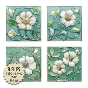 Azulejo Verde-limão e Dourado com Flores de Anêmona Brancas, em Relevo, Estilo Clássico. Azulejos Decorativos Bonitos para Backsplashes, Caixas de Decoupage, Faça Você Mesmo