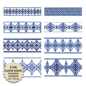 May include: Eight blue and white diamond border designs. Each border features a different pattern of floral and geometric shapes. The borders are on a white background. The image includes text that reads "8 PNG DIAMOND BORDERS TRANSPARENT BACKGROUND 6x3" 300 dpi".