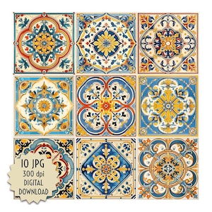 Sticker carrelage mosaïque mur Espagne impression décor motif style vintage numérique fleur azulejo design antique carrée maison de poupée à télécharger JPG