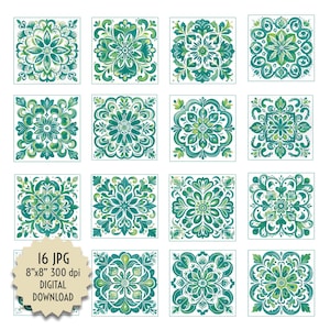 Può includere: Sedici download digitali quadrati con disegni floreali ad acquerello nei toni del verde e del bianco. Ogni piastrella mostra un motivo simmetrico unico. L'immagine include testo che indica il formato del file, le dimensioni (20x20 cm), la risoluzione e lo stato di download digitale.