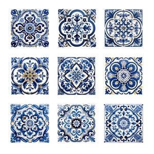 May include: Nine square tiles with intricate blue and white floral patterns. The tiles have a traditional Portuguese design with gold accents.