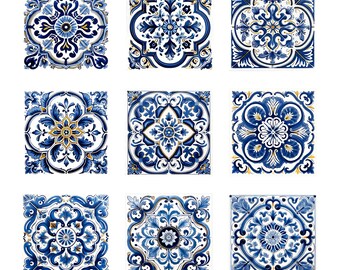 Cobalt Blue White Square 8x8 Tile Geometric Floral Mosaic Antique Mid-Century Digital Design Clipart Download Printable Decorative Ceramic