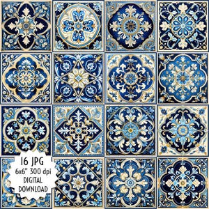 以下が含まれることがあります： 青と金の模様のタイル16枚のデジタルダウンロード。各タイルは15.24cm×15.24cmで300dpi。タイルは複雑な花柄のデザインです。