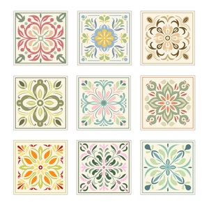 Pastelowe kolory Geometryczny rysunek płytek Wektorowy wzór Mozaika Hiszpański styl Kwiatowy dekoracyjny ceramiczny 12x12 Cyfrowy projekt Pobierz Wydrukuj