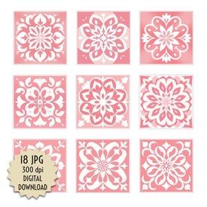 May include: Nine pink and white square tiles with intricate floral designs. The tiles are digital downloads and are 300 dpi.