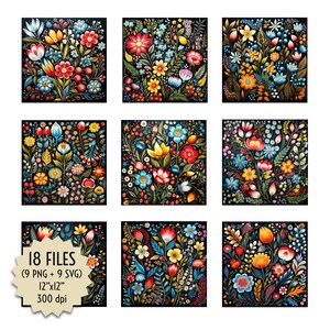 Könnte beinhalten: Neun digitale Illustrationen von bunten Blumenarrangements auf schwarzem Hintergrund. Jedes Bild zeigt eine Vielzahl von Blumen, darunter Tulpen, Rosen und Gänseblümchen, in Rot-, Gelb-, Blau- und Grüntönen. Die Bilder sind 30,48 cm x 30,48 cm groß und haben eine Auflösung von 300 dpi.