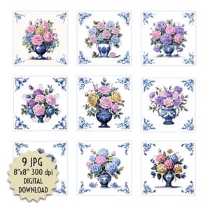 Juego de azulejos de porcelana azul, jarrón floral con rosas, hortensias, estilo campestre francés, manualidades para hacer tú mismo, 9 diseños digitales, JPG de 8 x 8 pulgadas, descarga instantánea
