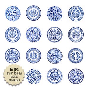 Clipart ornamental azul, forma redonda para imprimir, imágenes para calcomanías, álbumes de recortes, transferencias de azulejos, platos, posavasos, descarga digital