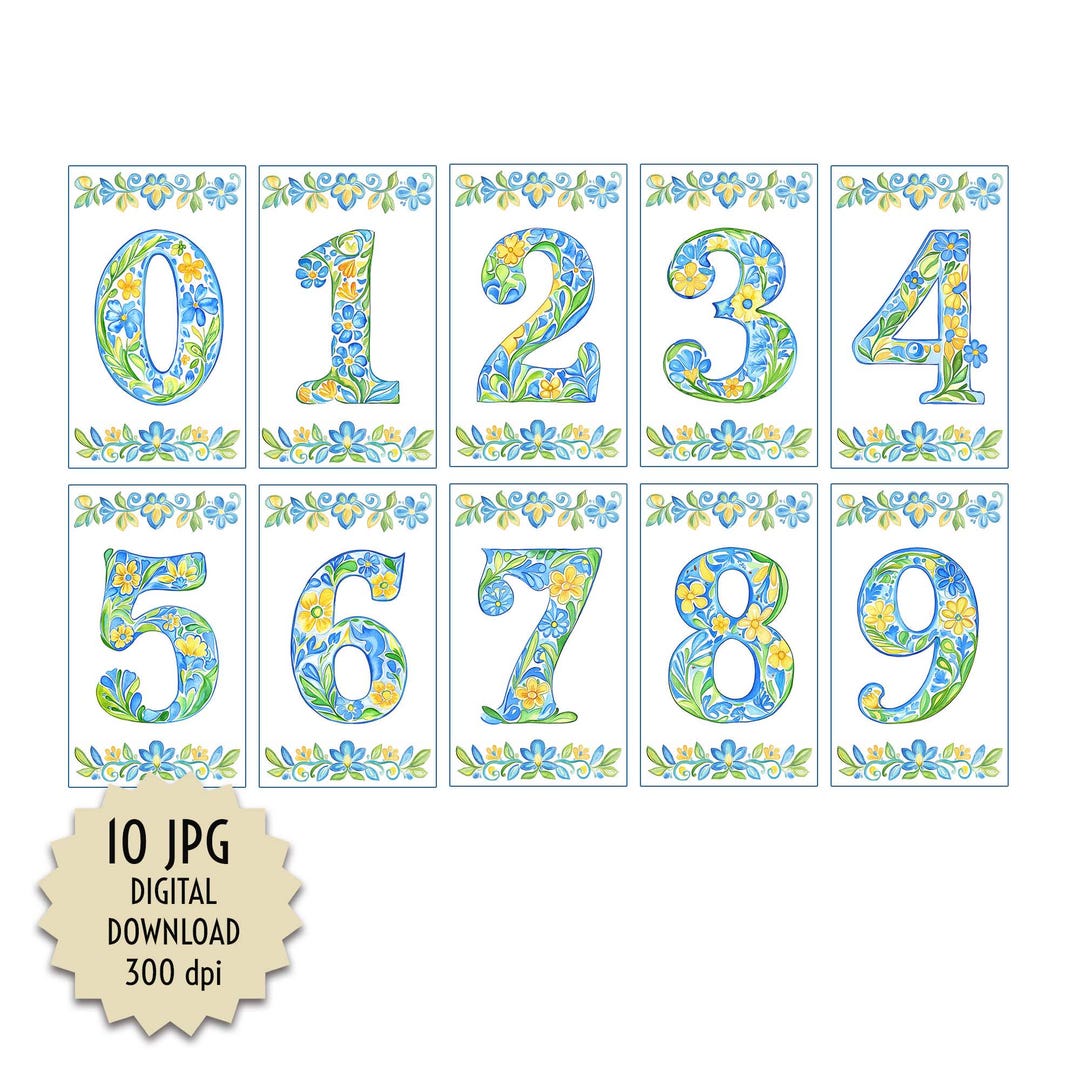 Floral Number Tiles Clipart, Blue Green Yellow Watercolor Digits, Door ...