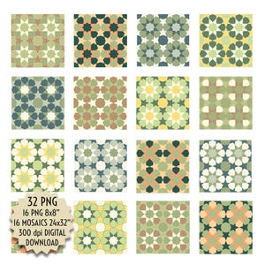 Ensemble de carreaux géométriques verts, sans couture, 16 PNG 8 x 8", 16 mosaïques PNG 24 x 32", téléchargement numérique pour travaux manuels, scrapbooking, art mural, faire-part