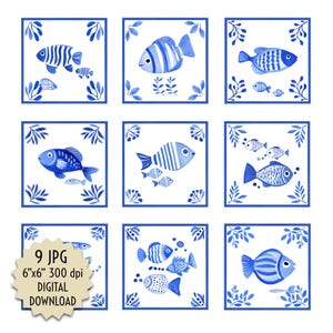 May include: Nine digital download images of blue and white fish tiles. Each tile features a different design of a fish with blue and white details. The tiles are perfect for adding a touch of nautical charm to any space.