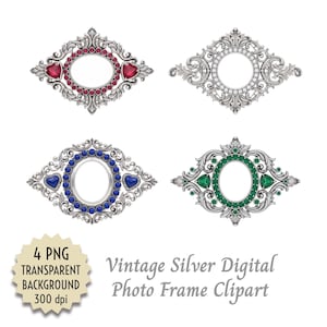 May include: Four vintage silver digital photo frame clipart designs. Each frame features an oval centre surrounded by ornate filigree and gemstones in red, clear, blue, and green. The image includes text that reads "4 PNG TRANSPARENT BACKGROUND 300 dpi".