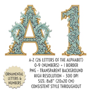 Puede incluir: Una letra "A" y el número "1" ornamentados, con borde dorado y diseño floral turquesa. La imagen incluye el texto "Ornamental Letters & Numbers" y detalles sobre el alfabeto, los números y el tamaño (20x20 cm).