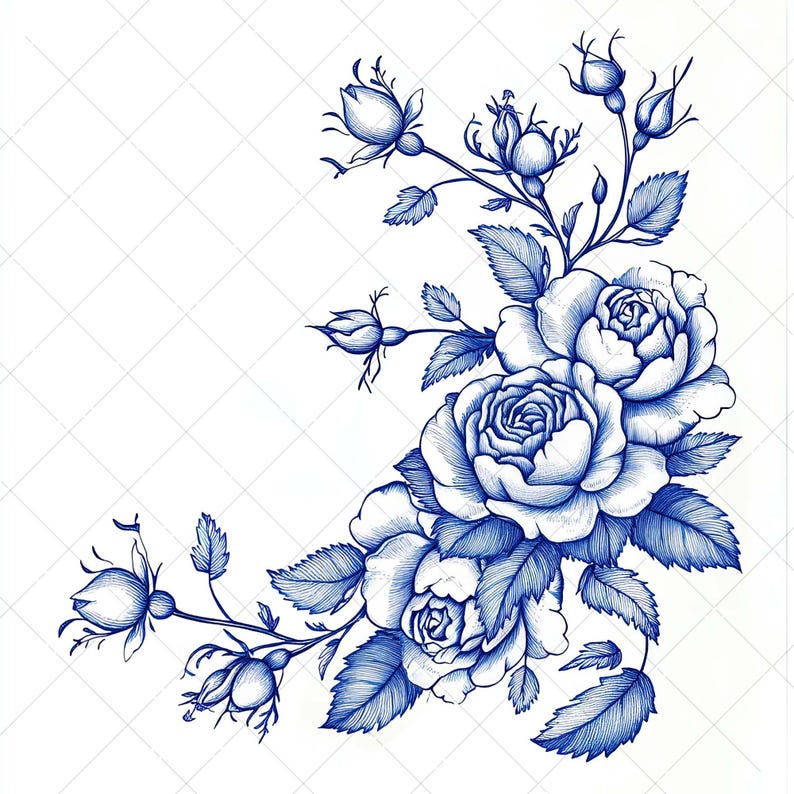 9 Blue Rose Floral Corner PNG Clipart Set, Chinoiserie Porcelain Style ...
