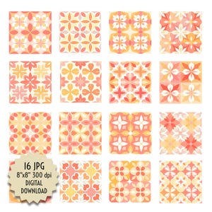 May include: A set of 16 digital paper patterns featuring geometric designs in shades of peach, orange, and yellow. The patterns are seamless and can be used for a variety of crafting projects.
