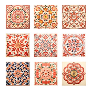 May include: Nine colourful square tiles with intricate floral patterns in shades of red, pink, blue, and yellow. The tiles have a white background and are arranged in a 3x3 grid.