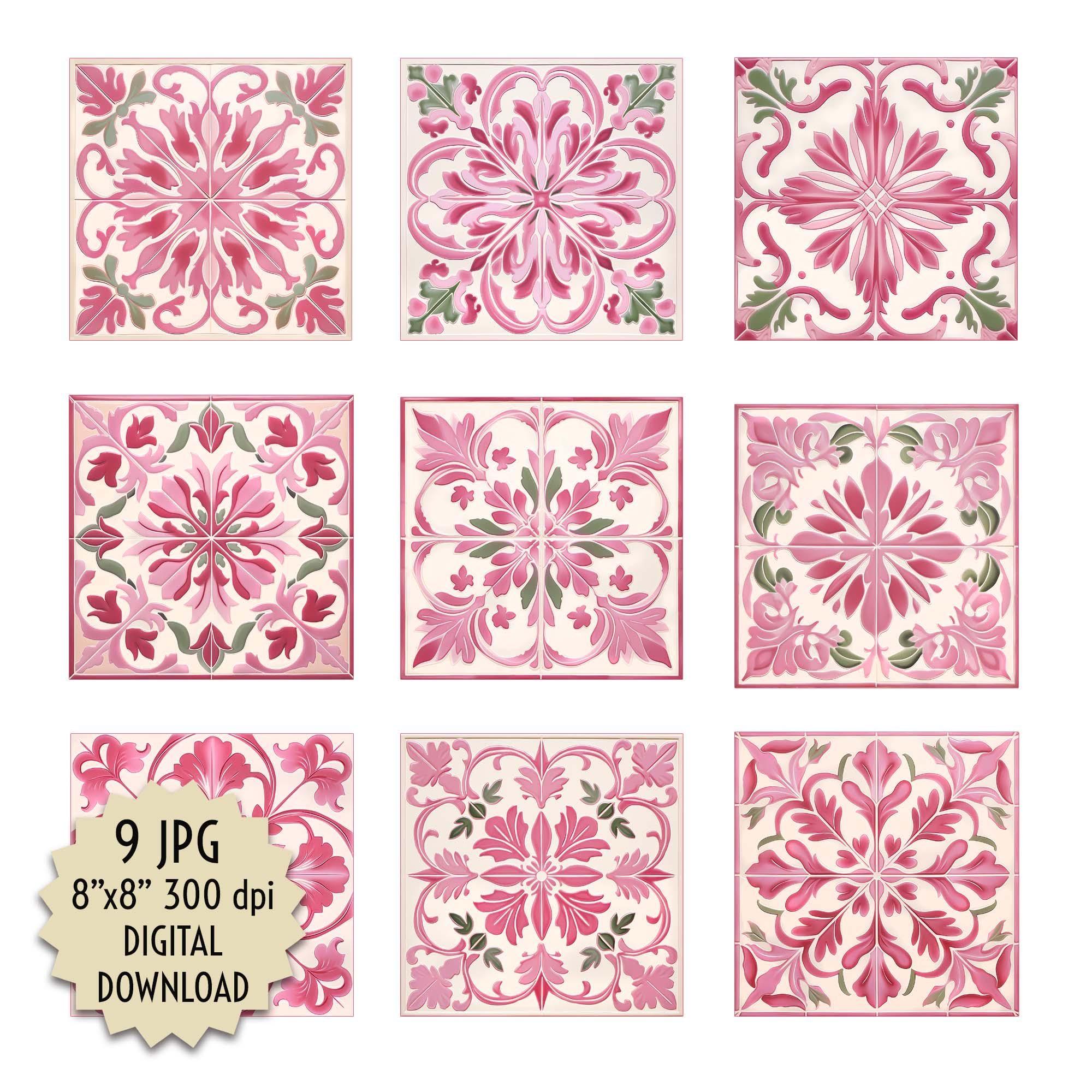 Pink Green Tile Designs Inspired by Art Nouveau Style for Decorating Walls Floors Kitchens Crafts DIY Stationery. Digital Download Printable
