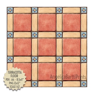 May include: A digital image of a terracotta floor tile pattern. The design features square and rectangular tiles in shades of red and beige, with decorative blue and yellow accents. The image includes the text "TERRACOTTA FLOOR" and "AngelicaBarttiPrints".