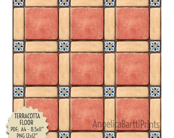 Red Terracotta Tile Floor, Mexican Style Decoration, 1:12 Scale, Realistic, Seamless, PNG 12x12”, PDF A4 & 11x8”, Printable Digital Download