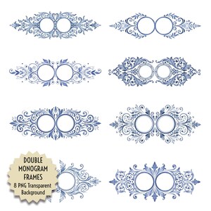 May include: Eight blue and white watercolor double monogram frames with floral and scroll designs. Each frame has two circular spaces for initials. The image includes text that reads "DOUBLE MONOGRAM FRAMES 8 PNG Transparent Background."
