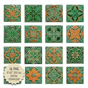 3d relief tiles emerald green orange ceramic realistic PNG 8 x 8 transparent background kitchen fountain mosaic digital design downloadable