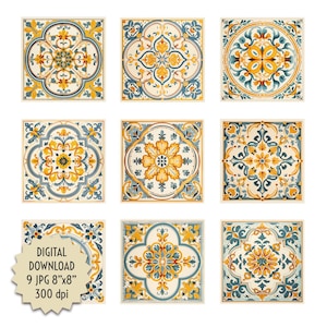 Grijze en gele vintage bloemen Spaanse stijl geometrische tegels decoratieve keuken badkamer mozaïek digitaal ontwerp afdrukbare download JPG 8 x 8"